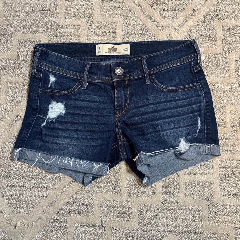 Hollister Dark Distressed Rolled-Hem Midi Jean Shorts Size 3